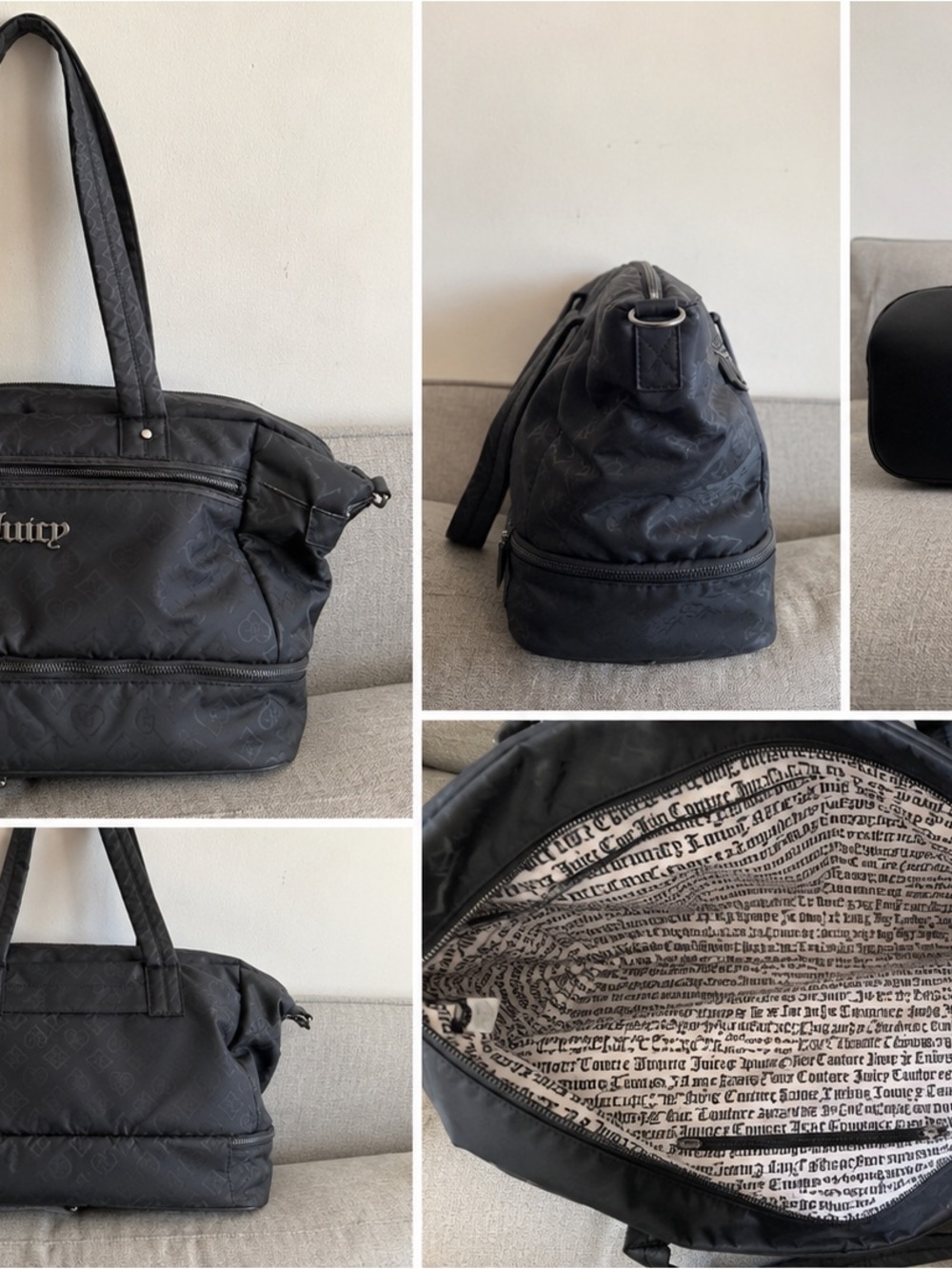 Juicy Couture Black Quilted Duffel Bag with Logo Print